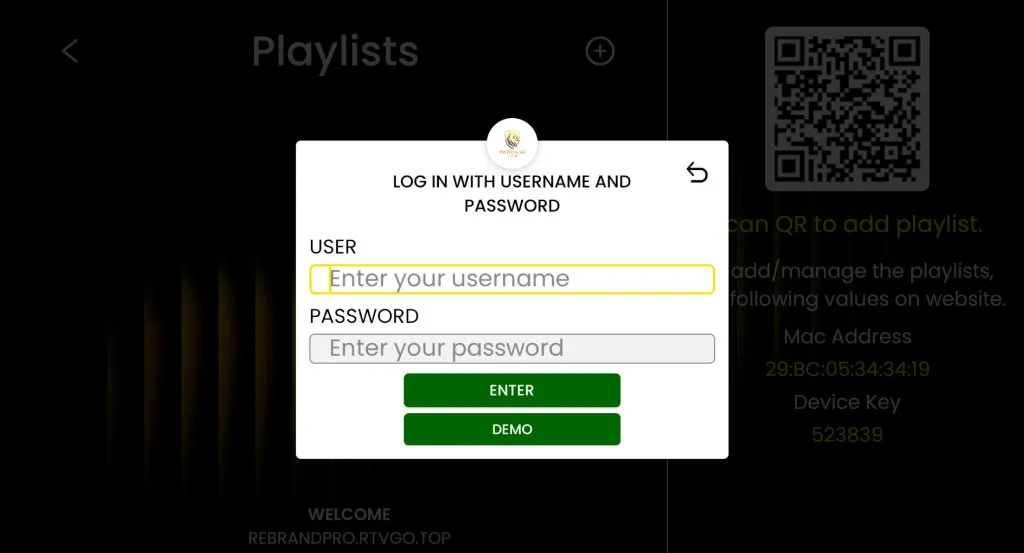 VPLAY PLAYER - Login Screen